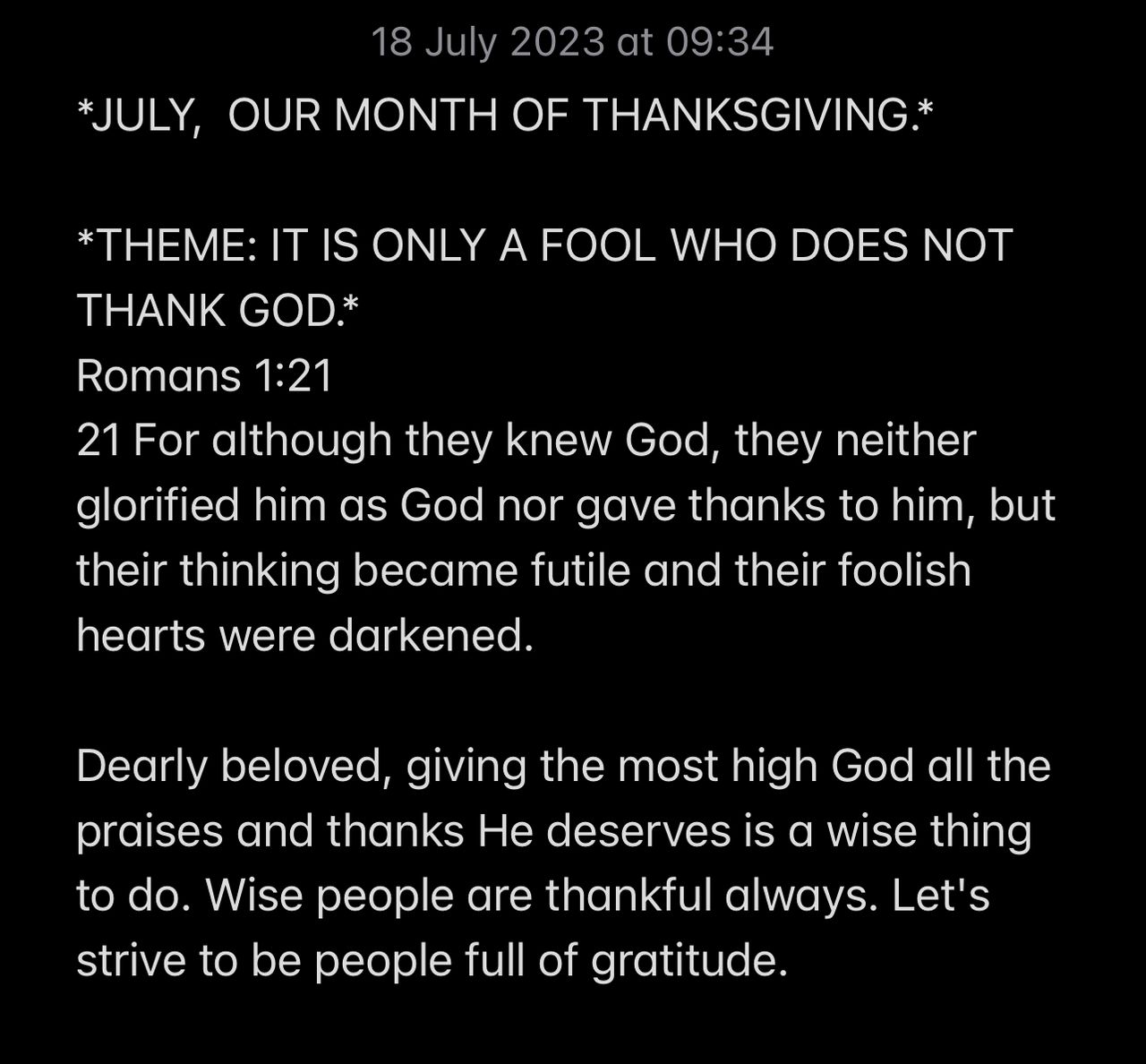 IT IS ONLY A FOOL WHO DOES NOT THANK GOD.